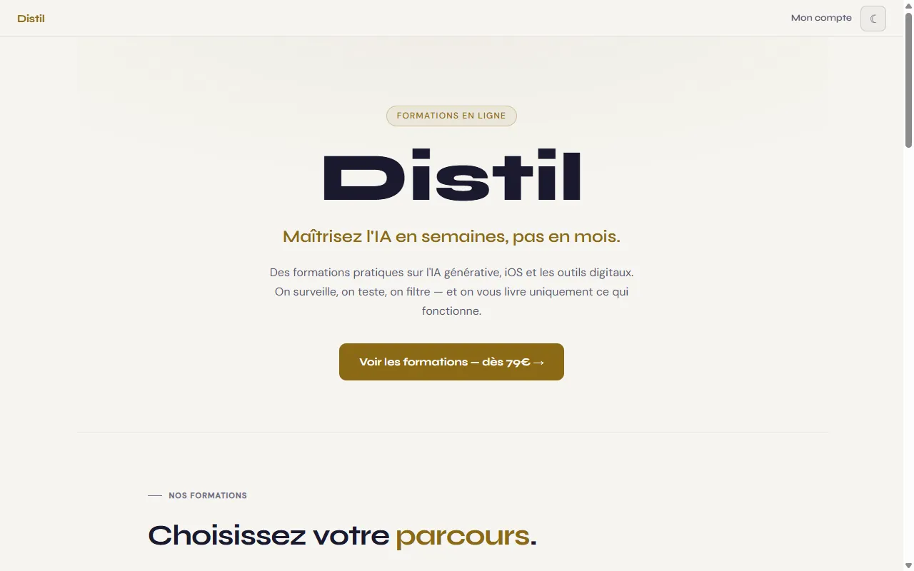Interface de Distil Academy - plateforme de formation IA