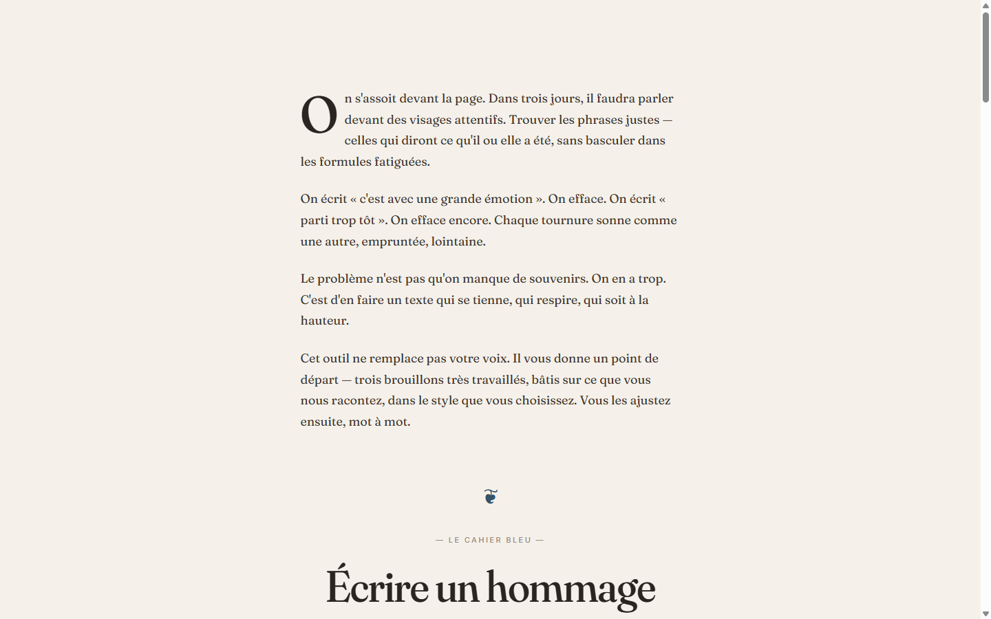 Capture de la page d'accueil du Cahier Bleu