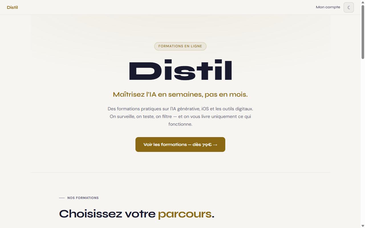Interface de Distil Academy - plateforme de formation IA